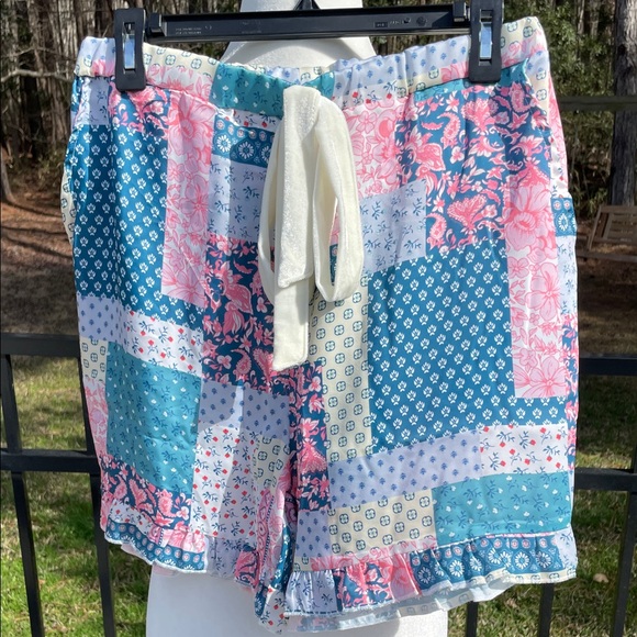 Simply Southern Patchwork Pajama Set - Pink & Teal - Ruffle Shorts w/ Pockets - Picture 8 of 10